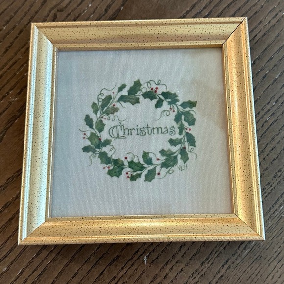 Handmade Other - Virginia Leitch Hiss Theorem Painting Christmas Holly Wreath Framed Folk Art 6''